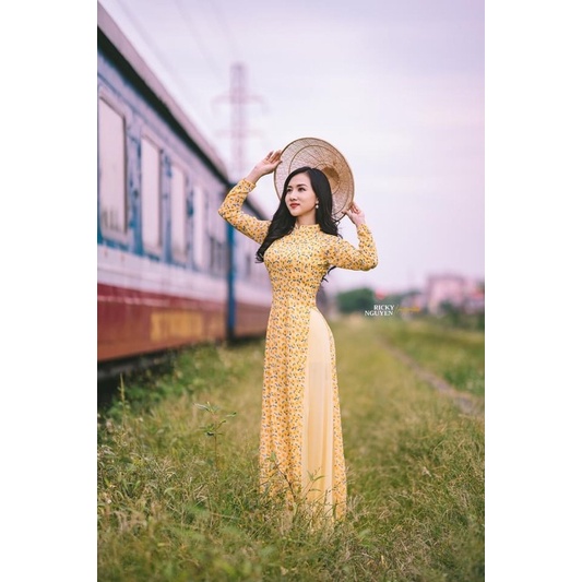 Áo dài hoa nhí vàng xanh lụa Hàn Châu MINH ANH Fashion