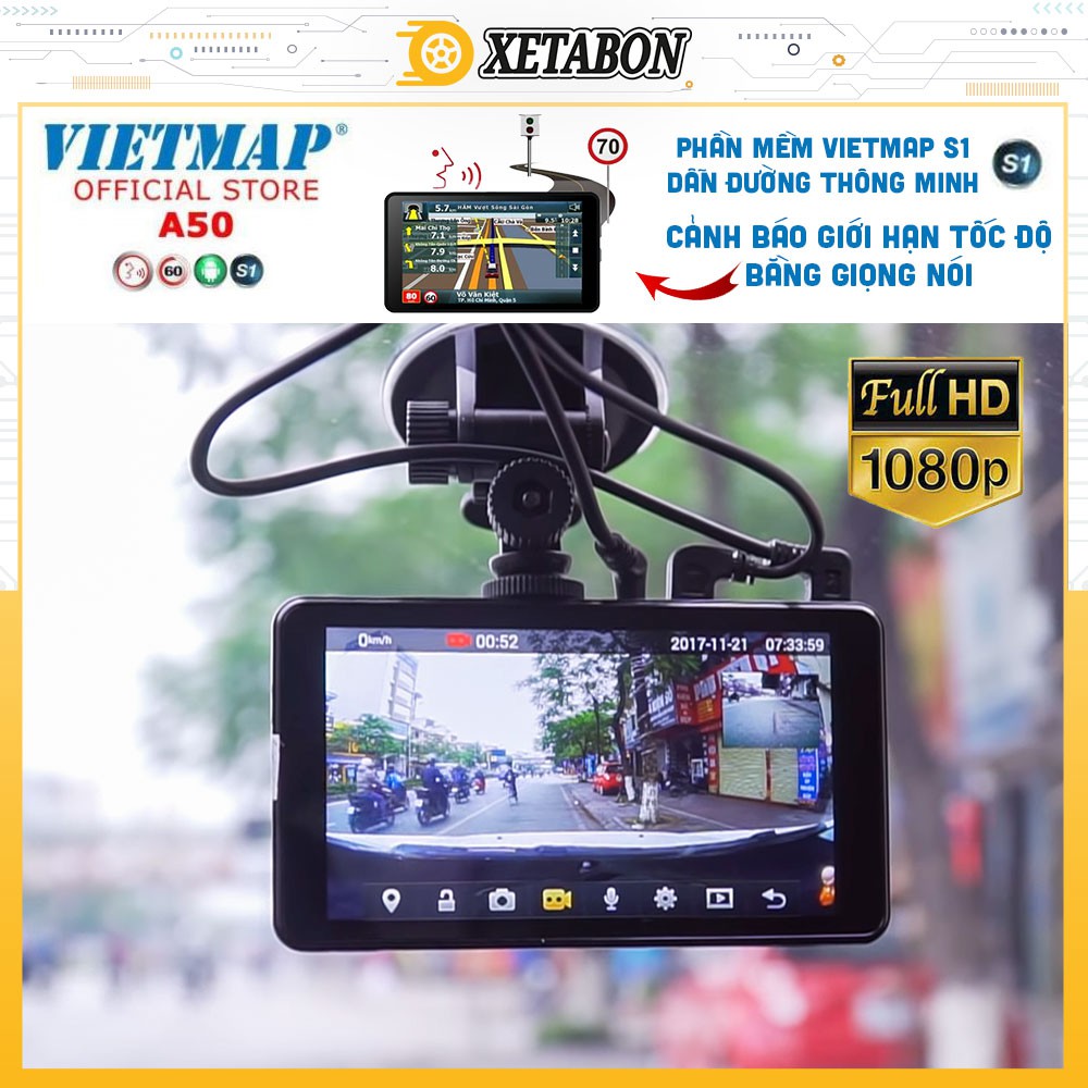 VIETMAP A50 - Camera Hành Trình Ô Tô Trước Sau + Bản Đồ Vietmap S1, Cảnh Báo Giới Hạn Tốc Độ. Dẫn Đường GPS + TặngThẻ32G