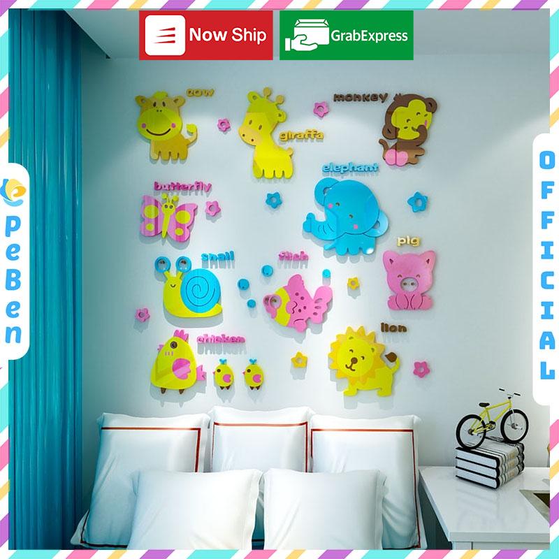 Tranh dán tường mica 3d decor khổ lớn bảng chữ cái các con thú trang trí mầm non, phòng cho bé Nhiều Size - EPeBen