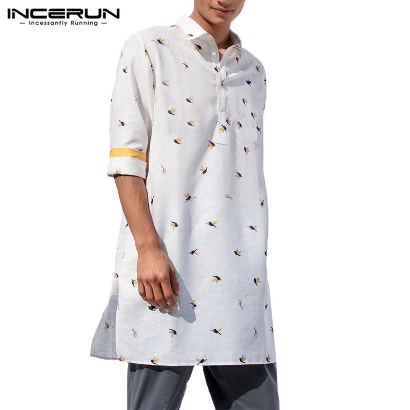 INCERUN Áo Sơ Mi Tay Dài In Họa Tiết Chim Cổ Điển Thời Trang Cho Nam