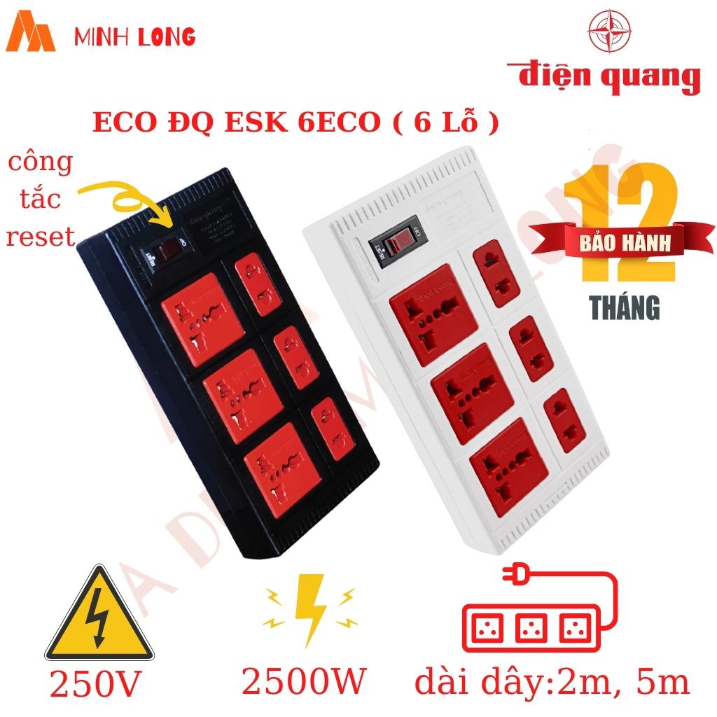 Ổ cắm 6 lỗ đa năng chịu tải Điện Quang ECO ĐQ ESK 6ECO - Ổ cắm liền dây 2 mét, 5 mét chịu tải 2 màu đen; trắng