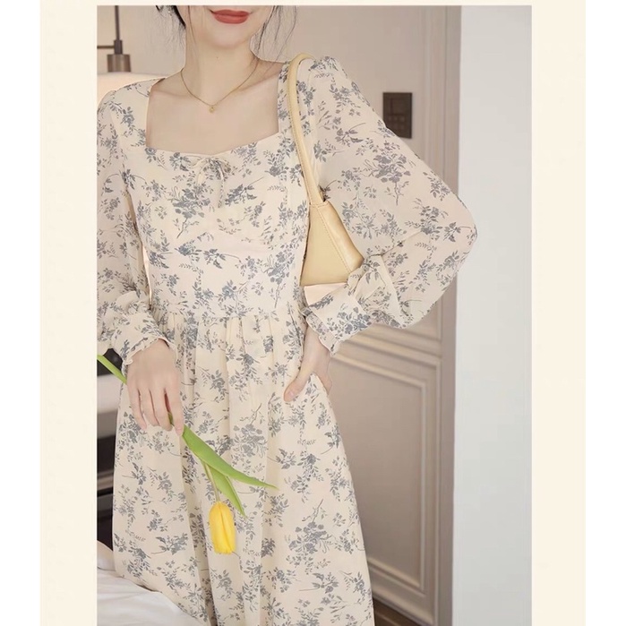 Đầm Hoa Nhí Be Vintage Cổ Vuông Ulzzang Dài Tay
