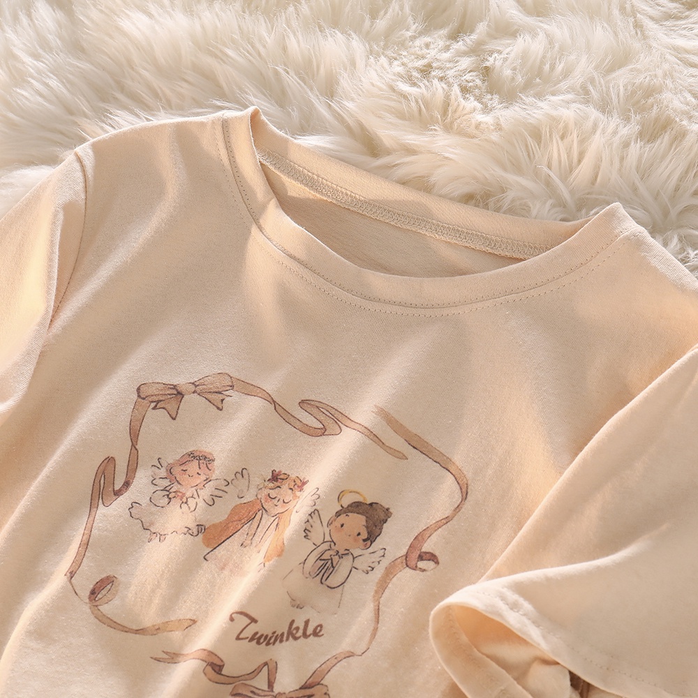 NUZIRO  Áo thun  tay ngắn cổ tròn in hình thiên thần nhỏ dễ thương thời trang cho nữ