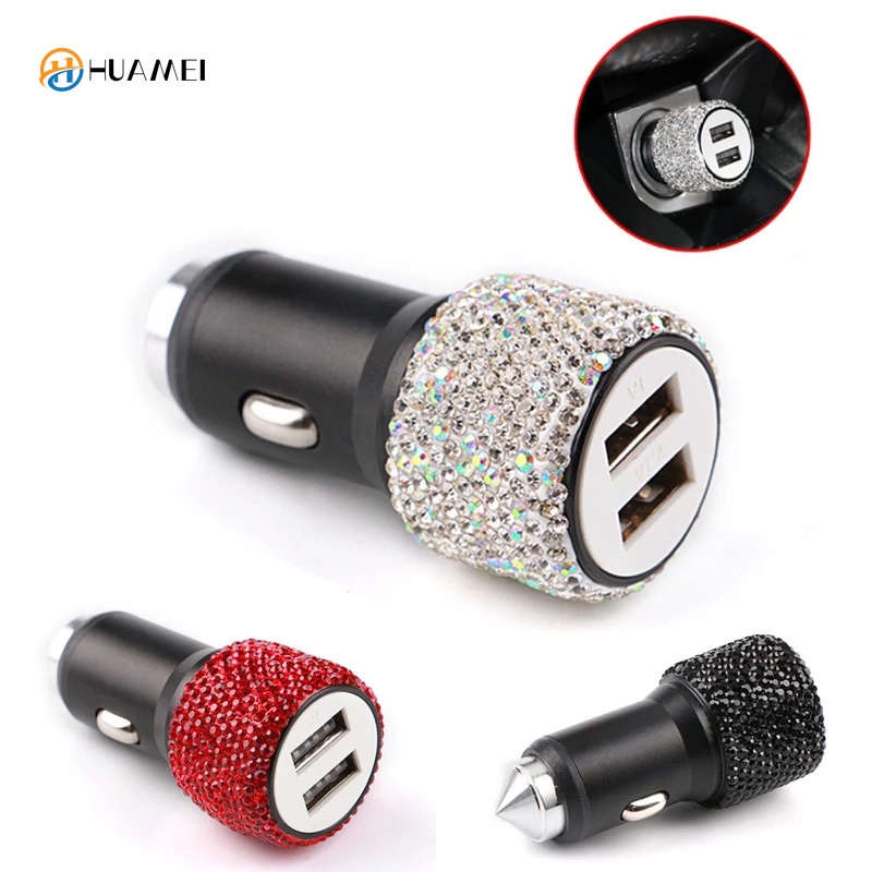 Củ Sạc Điện Thoại Di Động Hai Cổng USB 3.0 Sạc Nhanh Mang Đi Trong Xe Hơi Đính Đá Kim Cương 18W Dành Cho Android IOS