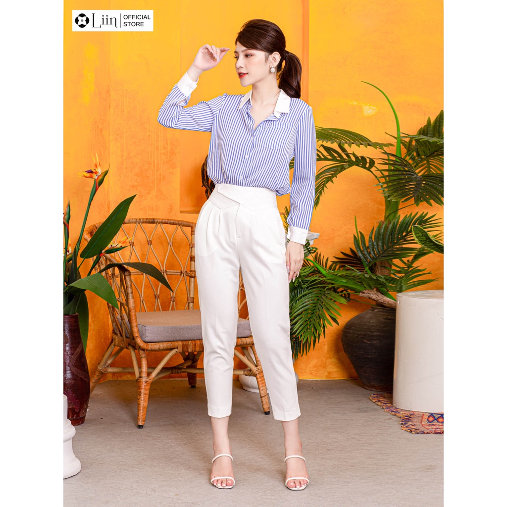 Quần Baggy nữ màu Trắng cách điệu Cạp Sóng form công sở thanh lịch Liin Clothing Q3426