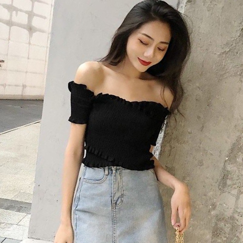 Áo dệt kim ngắn tay vai ngang phối bèo gợi cảm dành cho nữ