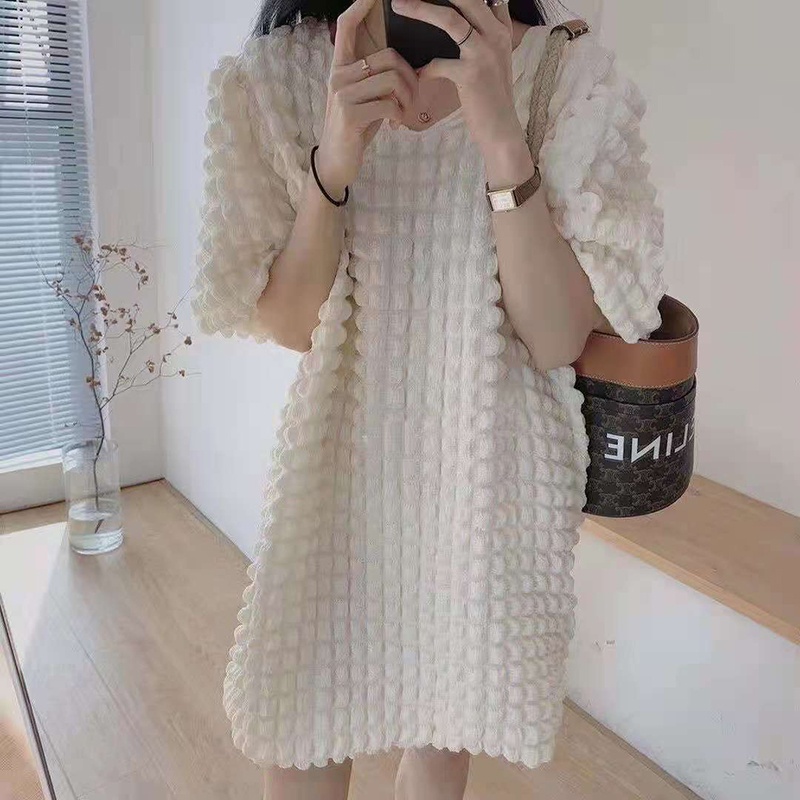 IELGY Đầm Tay Phồng Họa Tiết Sọc Caro Thời Trang Mùa Hè