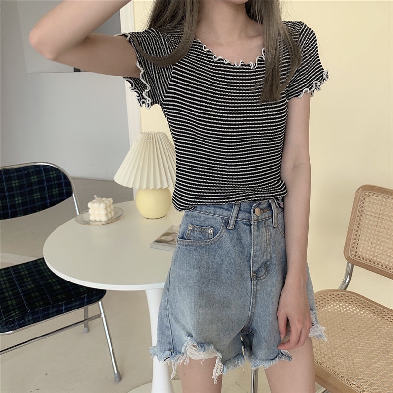 AMOI Áo Thun Tay Ngắn Họa Tiết Sọc Thời Trang Phong Cách Hàn Quốc Cho Nữ