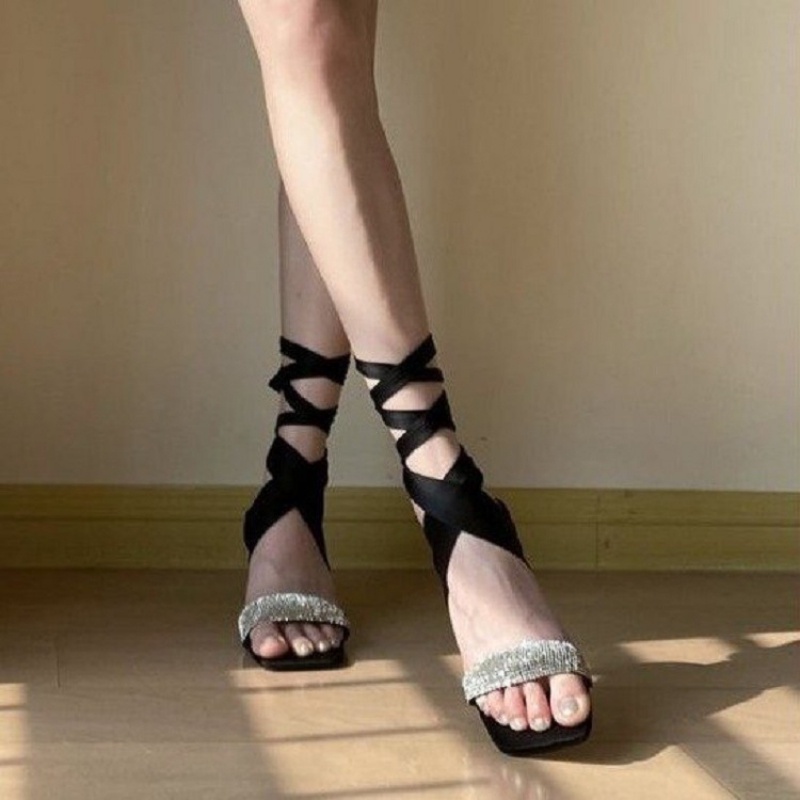 Giày Sandal Cao Gót Mũi Vuông Thắt Dây Đính Đá Satin Phong Cách La Mã Kiểu Mới Cho Nữ