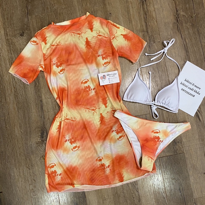 [BKN1508] &lt;ÂU&gt; SET BIKINI 3 MÓN TRẮNG KÈM VÁY SUÔNG CAM