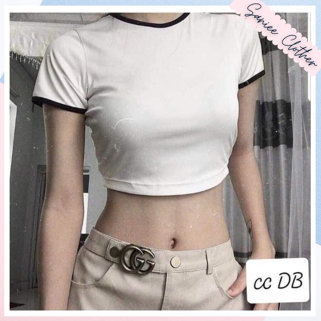 Áo Thun Croptop Nữ Cổ Tròn Phối Viền Đen Trắng Saniee Clother