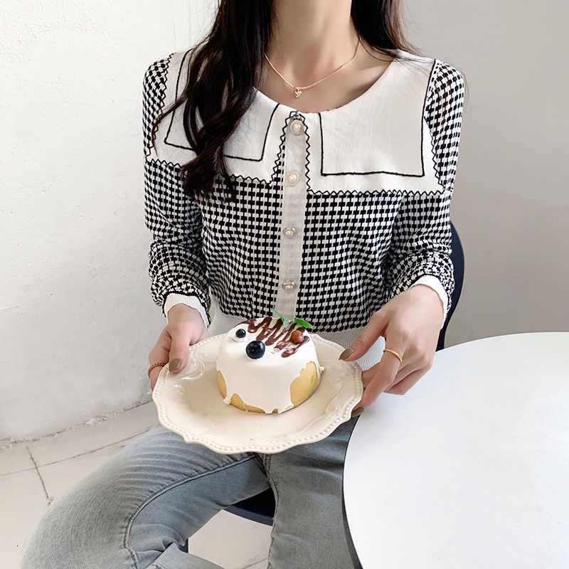 Áo dệt kim tay dài dáng rộng kẻ sọc caro hàng nút mới cho nữ