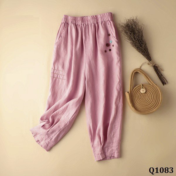 Q1083 - ENDA KISUHI Quần Linen Ống Xếp Ly Điểm Nút Nghệ Thuật