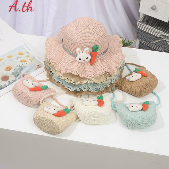 Combo  sét mũ rộng vành và túi cho bé gái 3-8 tuổi.Mũ cói trẻ em Unifriend phong cách Hàn Quốc mẫu mới