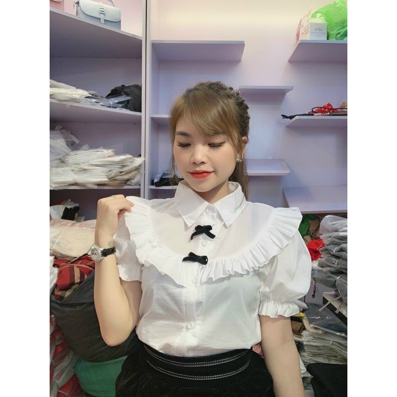 [Mã WASKT304 giảm 15% tối đa 30K đơn 99K] Áo sơ mi trắng đính 2 nơ đen CỘC