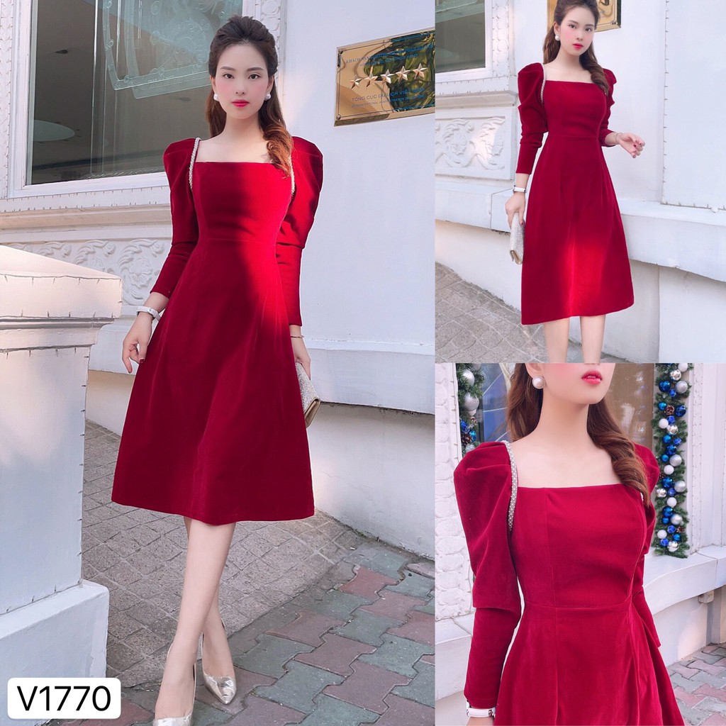 Váy nhung đỏ viền ngọc V1770 - - Đẹp Shop DVC - Kèm ảnh thật trải sàn do shop tự chụp | BigBuy360 - bigbuy360.vn