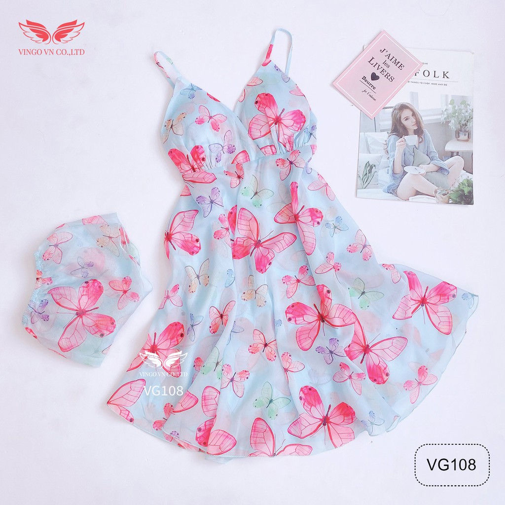 VINGO Váy ngủ nữ hai dây dáng xòe chất voan mềm mại họa tiết cánh bướm đẹp VG108 VNGO | BigBuy360 - bigbuy360.vn