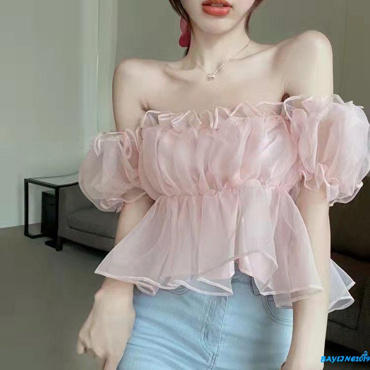 Bay-Women Off Shoulder Blouse, Spring &amp; Summer Solid Color Short Puff Sleeve Pullover