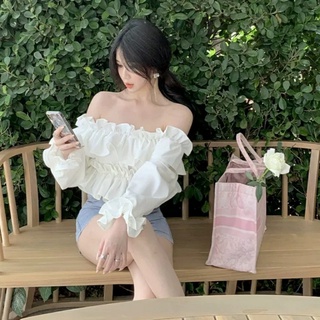 Áo croptop trễ vai bánh bèo tiểu thư, áo trắng trần trễ vai điệu đà