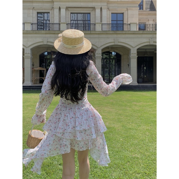 Đầm floral công chúa dài tay đuôi cá tầng bèo ngực Korea ulzzang - u.w