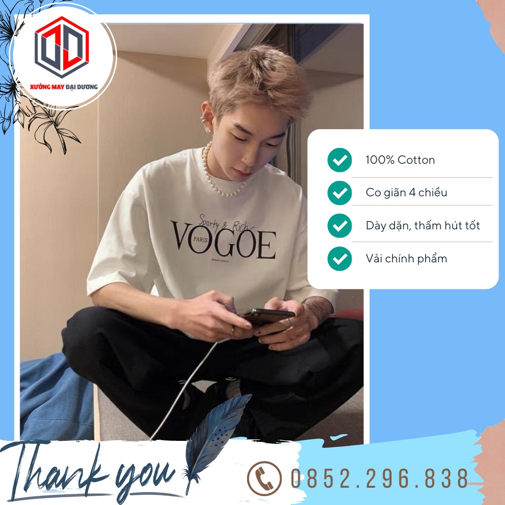 Áo thun tay lỡ VOGUE, áo phông cổ tròn form Unisex thời trang cho nam nữ