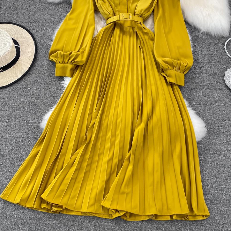 (Mẫu Đơn.order)Đầm tay dài dáng cổ chữ V 6 màu xếp ly tà dưới thanh lịch siêu xinh kèm thắt lưng - ORDER QUẢNG CHÂU