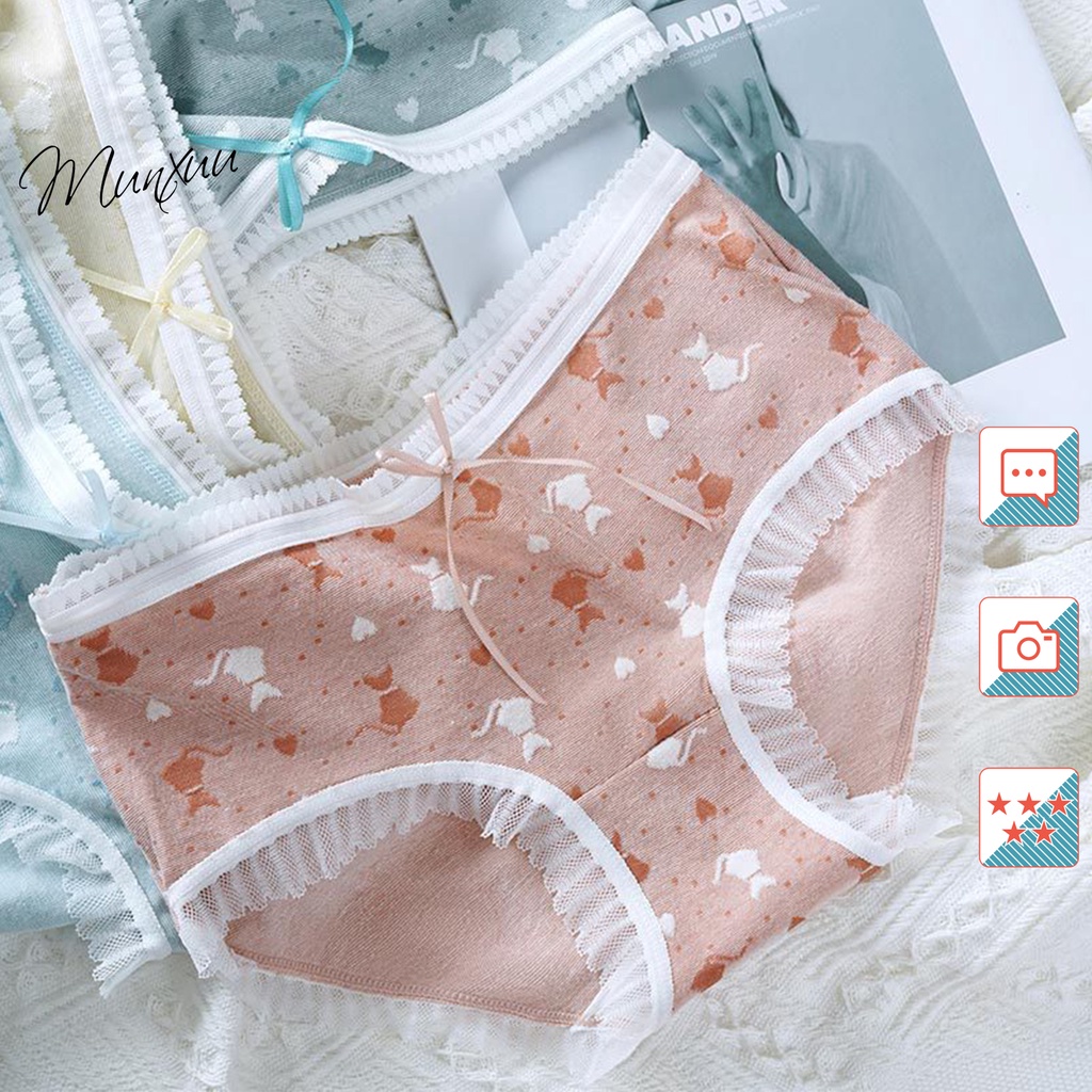 Quần lót Cotton cao cấp phối ren MUNXUU họa tiết mèo thương, gam màu pastel ngọt ngào - QC85