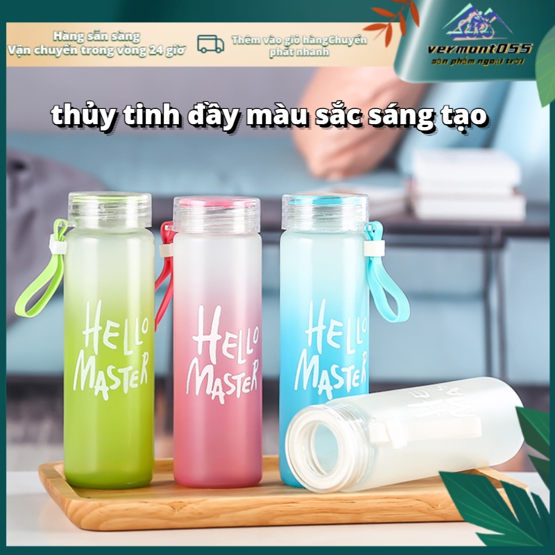 Hàng Hot Chai nước thủy tinh đầy màu sắc Gradient Di động Cốc 400ml có nắp Hàng giao ngayVermont055