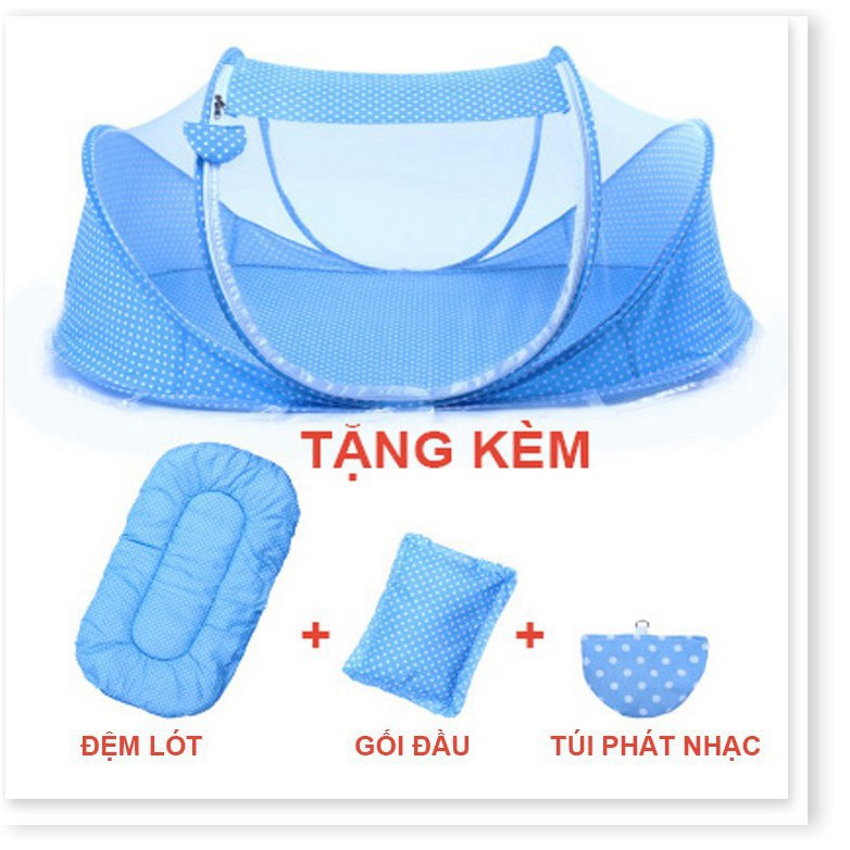 Màn, mùng, nôi chụp cho em bé có nhạc, kèm đệm lót, gối đầu