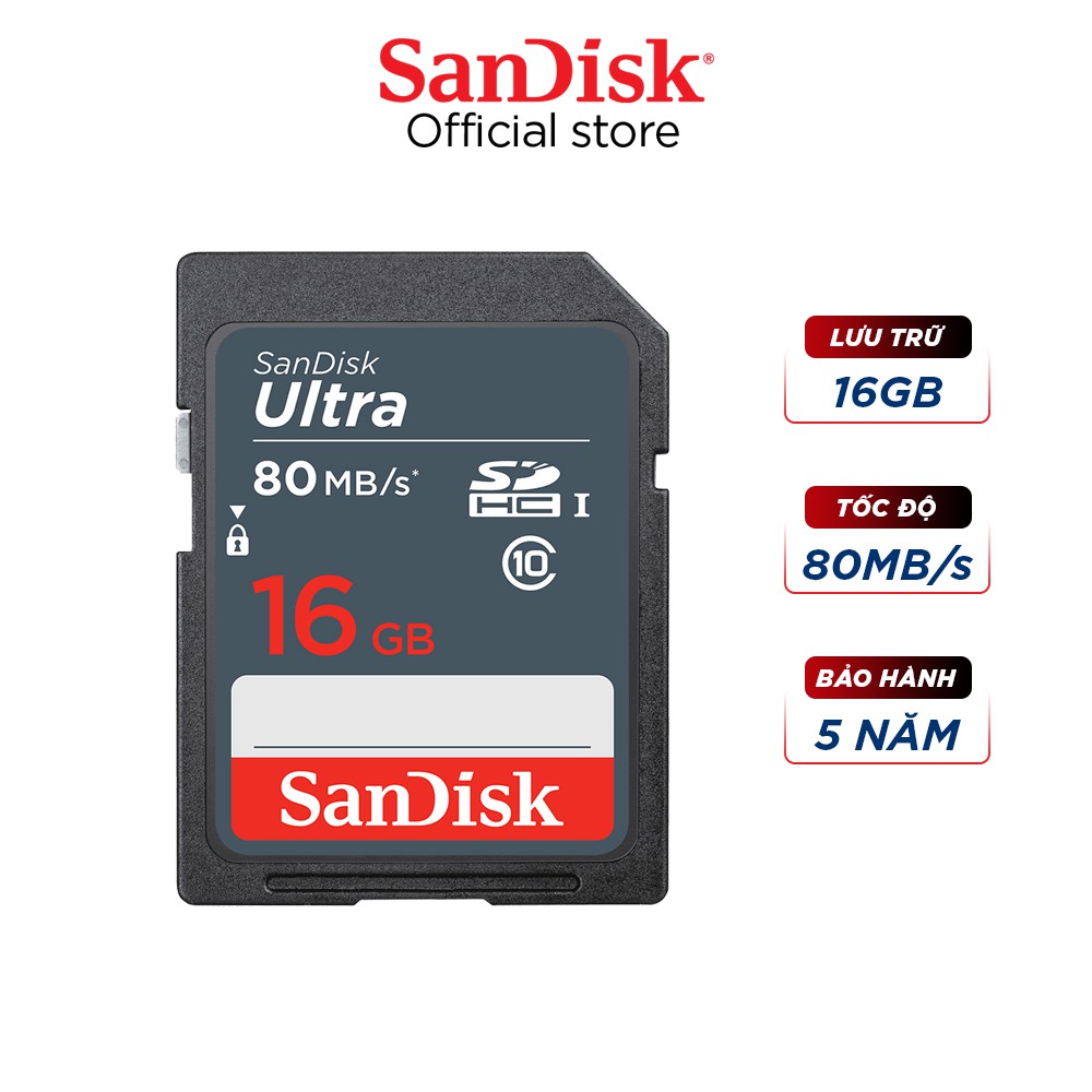 Thẻ nhớ SDHC Sandisk Ultra 16GB upto 80MB/s UHS-I (cho máy ảnh) - Hãng phân phối chính thức