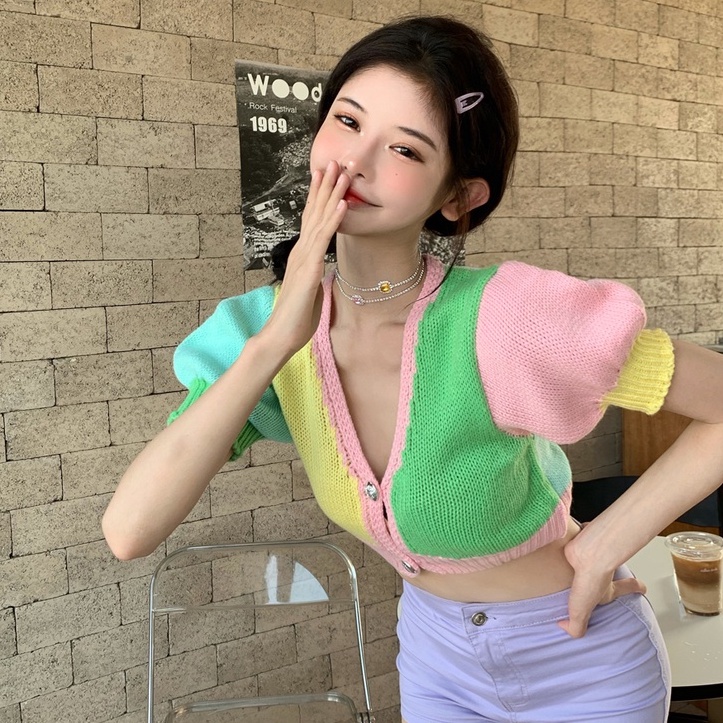 Cocory vn Áo croptop dệt kim tay ngắn cổ chữ v thời trang hàn quốc cho nữ