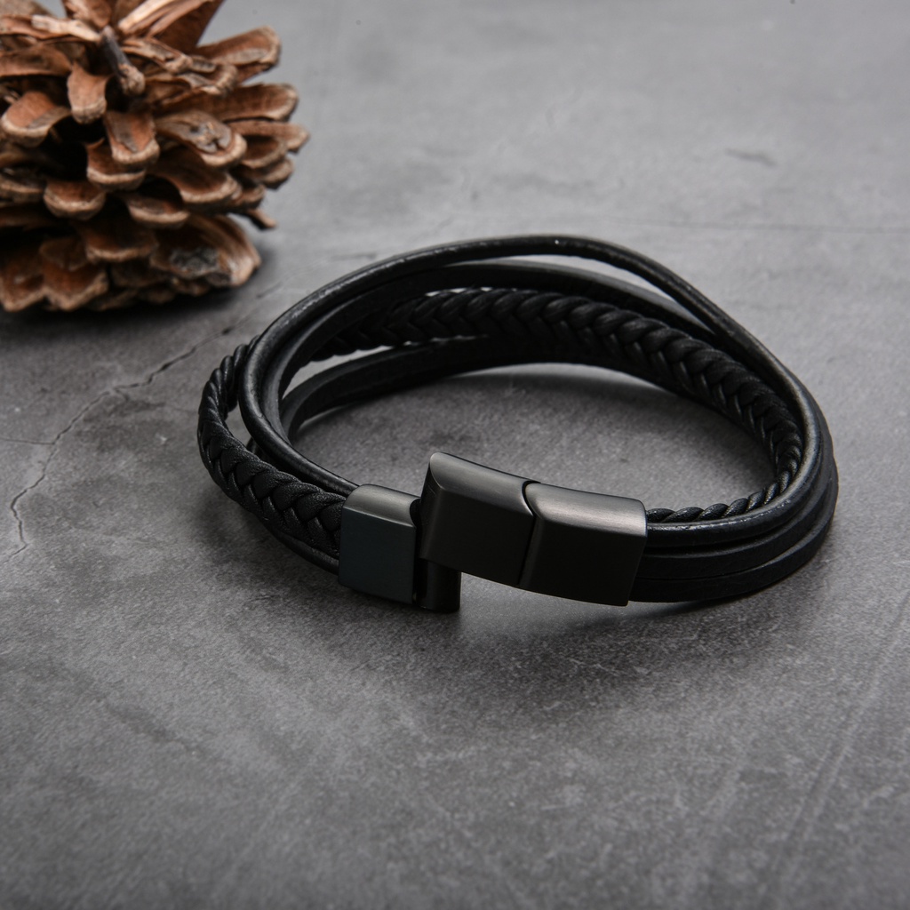 Vòng Tay Nam Lắc Tay Unisex Leather Thời Trang Vòng Tay Nam Nữ Punstore Màu Đen Da Cao Cấp - Vòng Leather