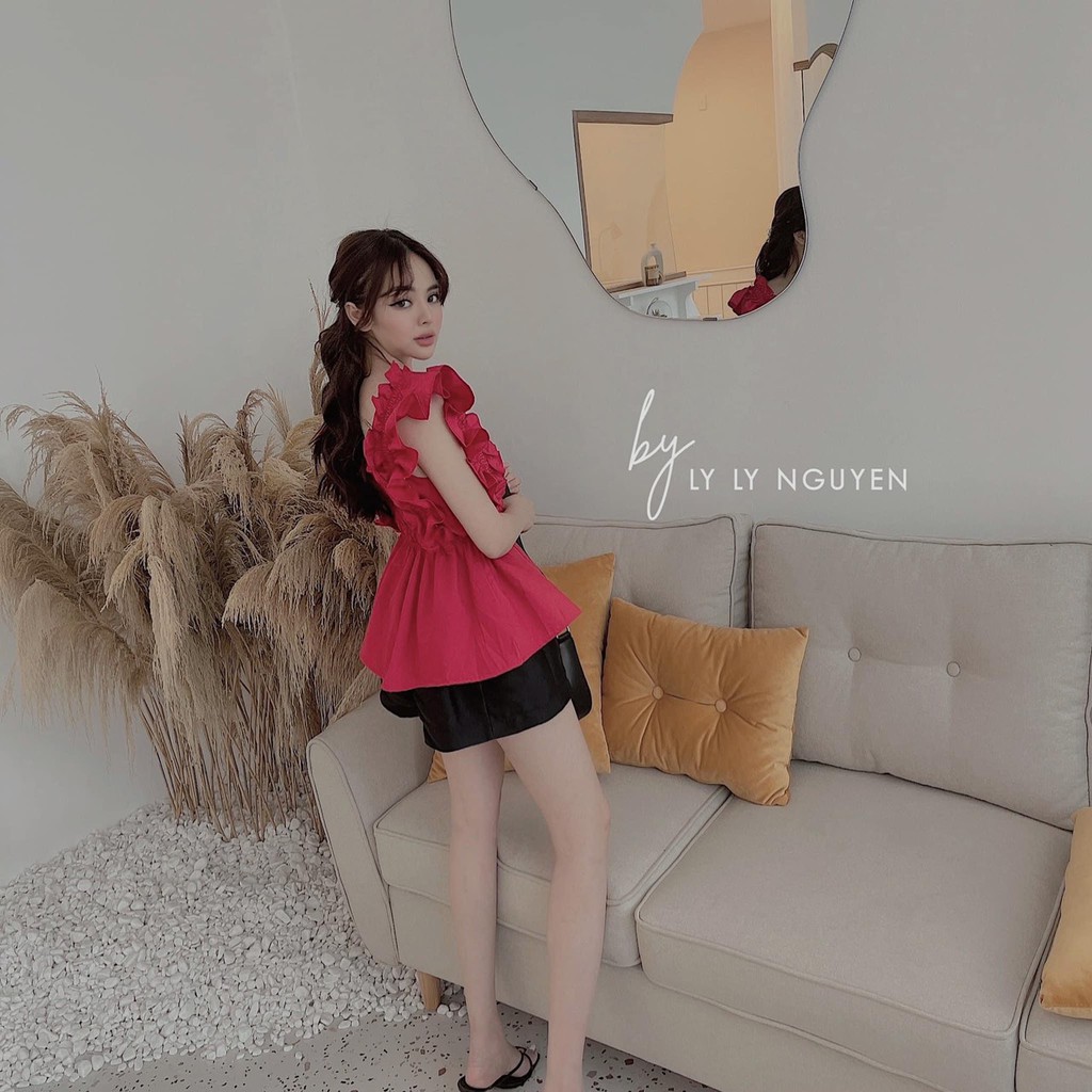 SET NỮ ÁO ĐỎ TAY BÈO CHUN EO MIX SOOC GẤM