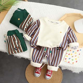 Set Đồ Thể Thao Áo Thun Tay Dài Cổ Tròn Kẻ Sọc Dọc + Quần Dài Phong Cách Hàn Quốc Thời Trang Cho Bé Trai / Gái Kích Thước 80-120cm