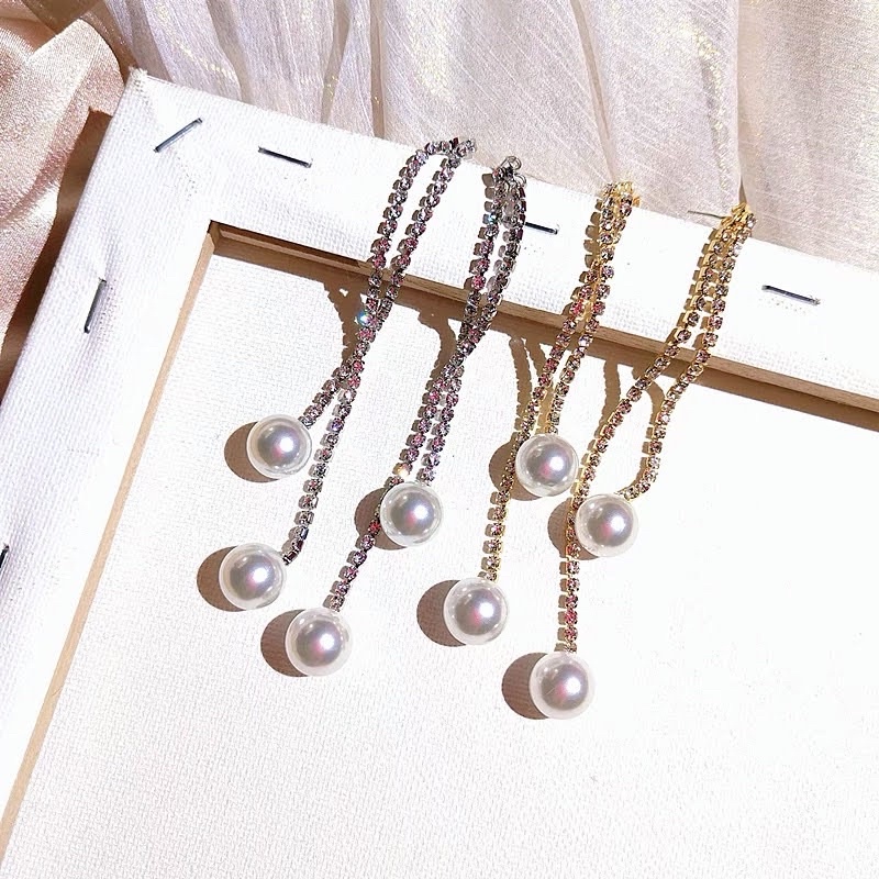 bông tai đính đá dáng dài kèm ngọc sang chảnh phong cách hàn quốc