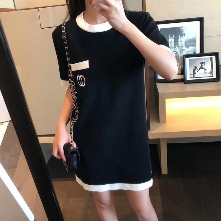 Đầm ZHELIHANGFEI dệt kim vải lụa lạnh dáng rộng cỡ nhỏ vừa phong cách Pháp thời trang mùa hè