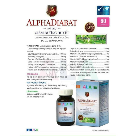 Alphadiabat giảm đường huyết , giảm nguy cơ đái tháo đường hộp 60 viên (Chính Hãng )