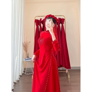 Áo dài đỏ kết ngọc ngực , tà và tay kèm quần và mấn
