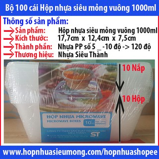 Set 100 cái hộp + nắp hộp microwave vuông 1000ml đựng Thực Phẩm / Thức Ăn / Kim Chi / Chân Gà
