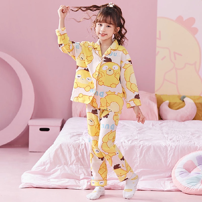 Bộ Đồ Ngủ Tay Dài Chất Cotton In Họa Tiết Hoạt Hình Phong Cách Hàn Quốc Xinh Xắn Cho Bé Gái