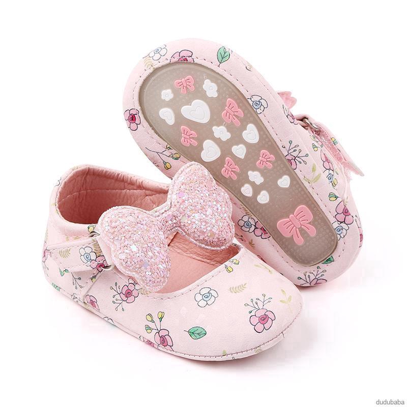 Giày Bé Gái Sơ Sinh Đế Mềm Chống Trượt Đính Nơ &amp; Hoa 0-12 Tháng