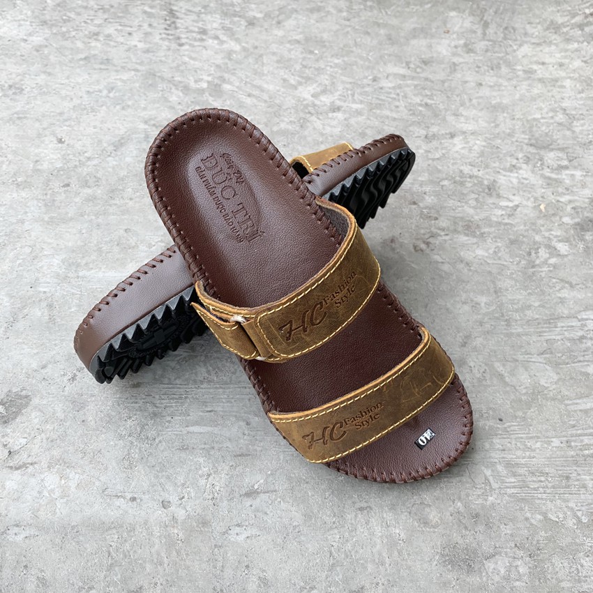 Dép Nam Da Bò Quai Ngang May Viền Cao Cấp V21