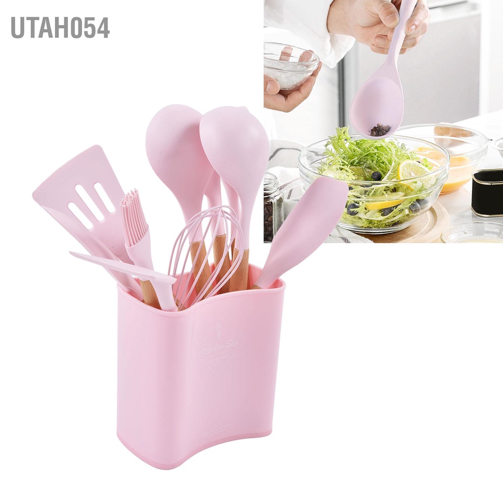 Hàng HOT Bộ dụng cụ nhà bếp, làm bánh, nấu ăn bằng silicon 13 món chịu nhiệt độ cao, chống dính Tay cầm bằng gỗ【Utah054】