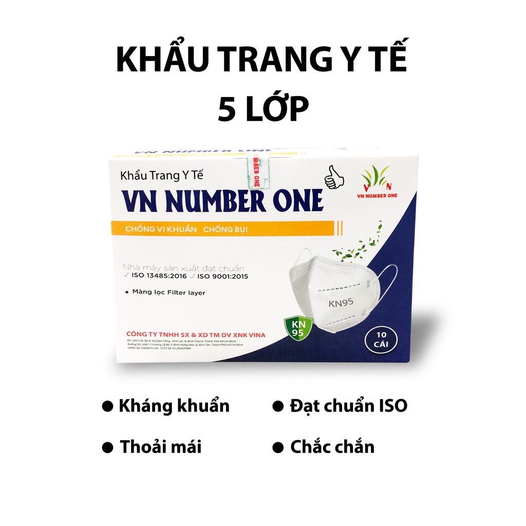 Khẩu trang y tế VN Number One 5 lớp chống vi khuẩn, chống bụi, ngăn giọt bắn đạt chuẩn ISO 13485:2016