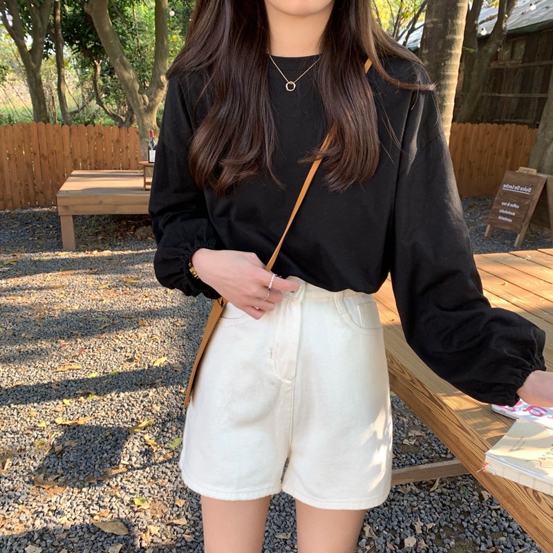 SUXI Áo Thun Tay Dài Cổ Tròn Màu Sắc Đơn Giản Thời Trang Mùa Thu Cho Nữ