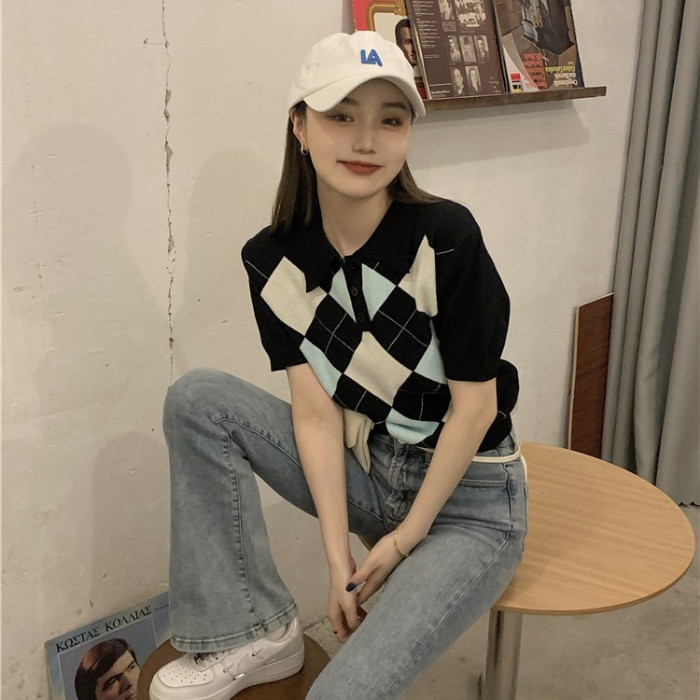 Áo kiểu dệt kim tay ngắn cổ polo họa tiết sọc ca rô phong cách Hàn Quốc thời trang dành cho nữ