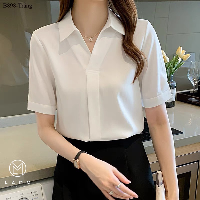 Áo sơ mi công sở nữ lụa ngọc trai cổ V tay ngắn B898 | BigBuy360 - bigbuy360.vn