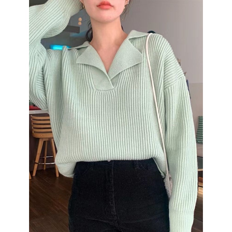 Áo sweater dệt kim RENJIANVSHENG tay dài cổ polo dáng rộng màu sắc retro phong cách Hàn Quốc
