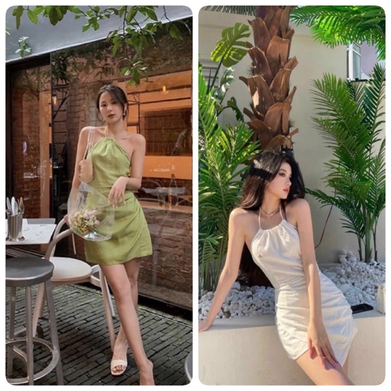 Đầm cổ yếm xanh bơ kèm mút