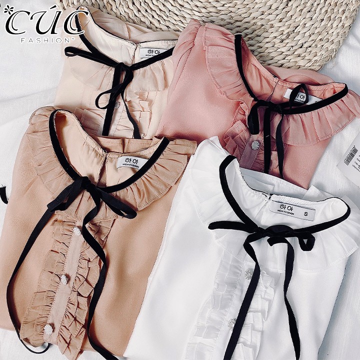 Áo sơ mi nữ cao cấp công sở Cúc Fashion A170 áo somi cổ tròn nơ đen